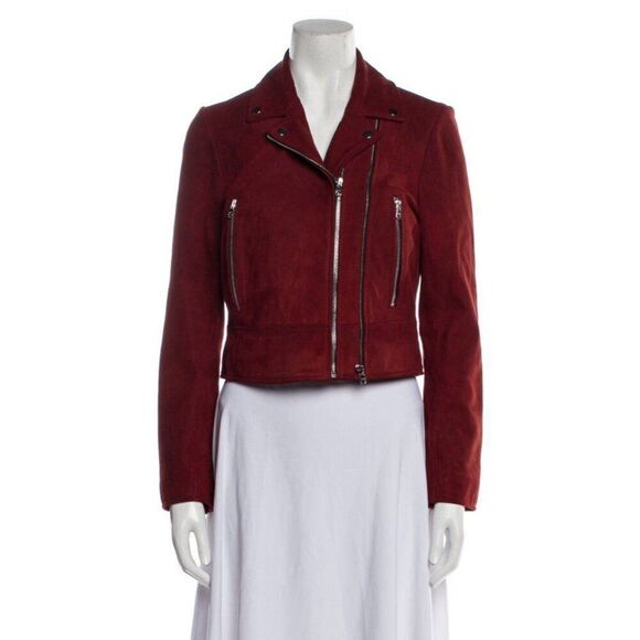 Sandro Paris Authentic Adaya Suede Leather Red Long Sleeve Moto Jacket 1 Xs - Picture 3 of 16